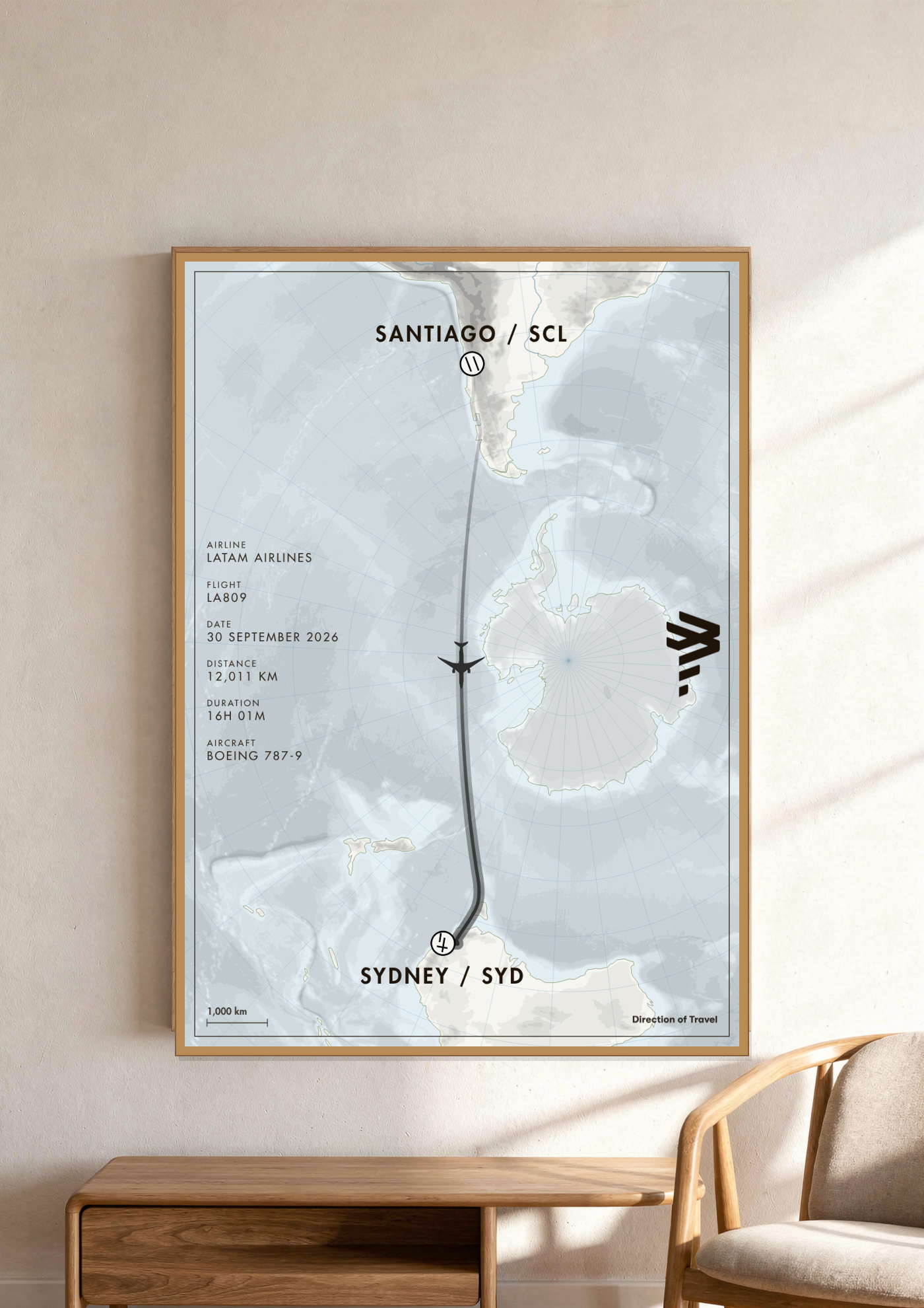 Santiago to Sydney A2 poster in a wooden frame in a room (AI-generated)