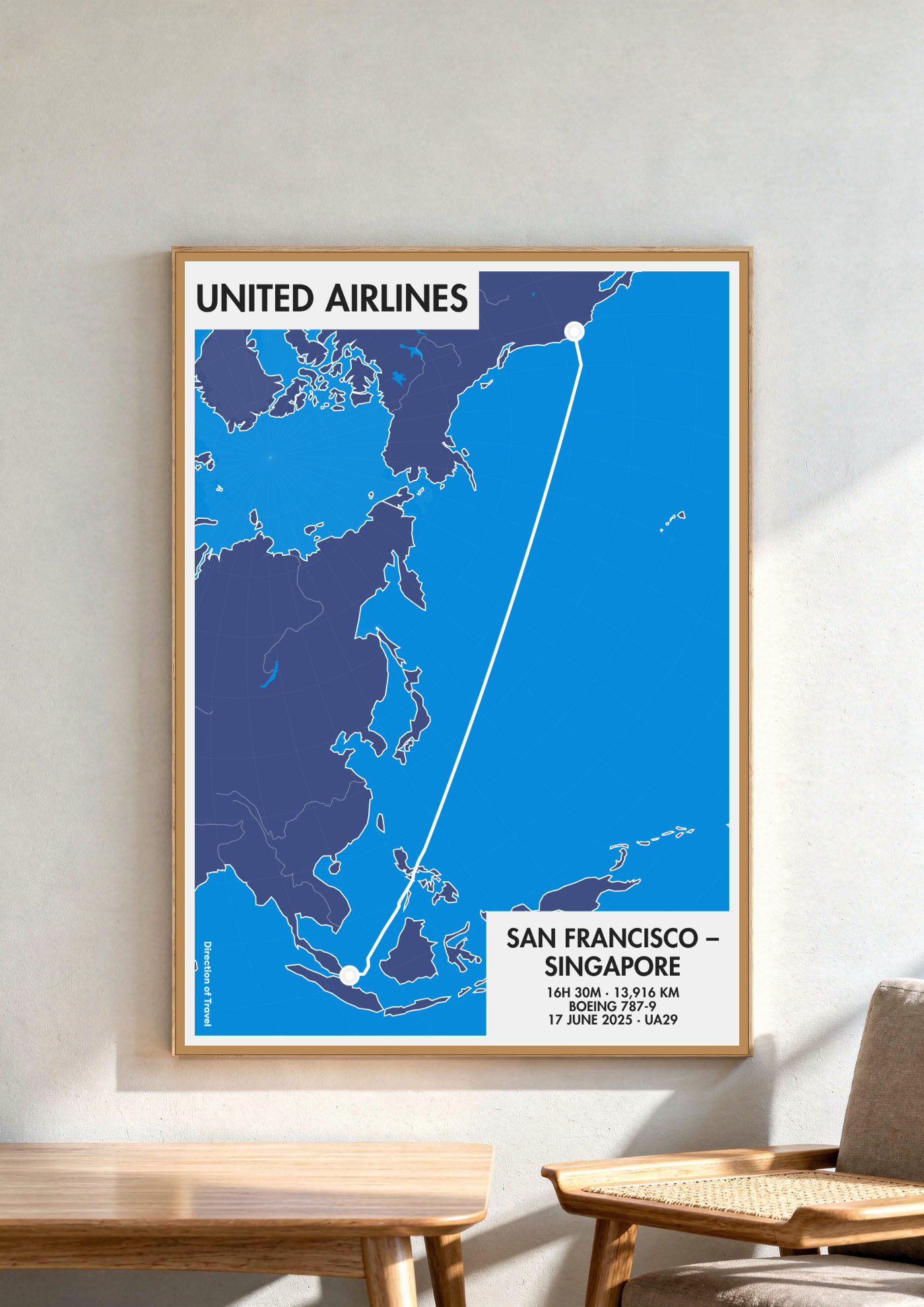 San Francisco to Singapore A2 poster in a wooden frame in a room (AI-generated)
