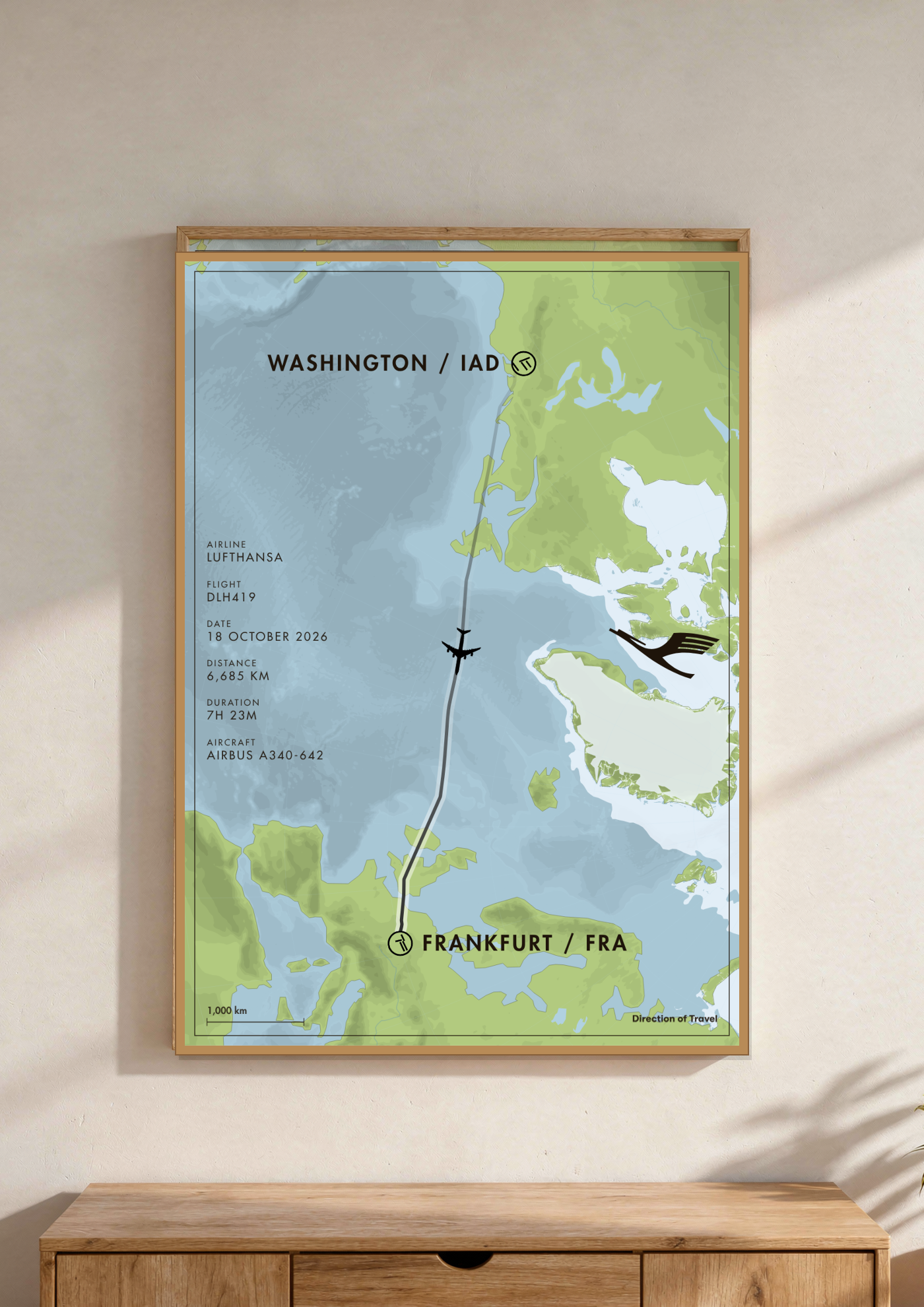 Washington to Frankfurt A2 poster in a wooden frame in a room (AI-generated)