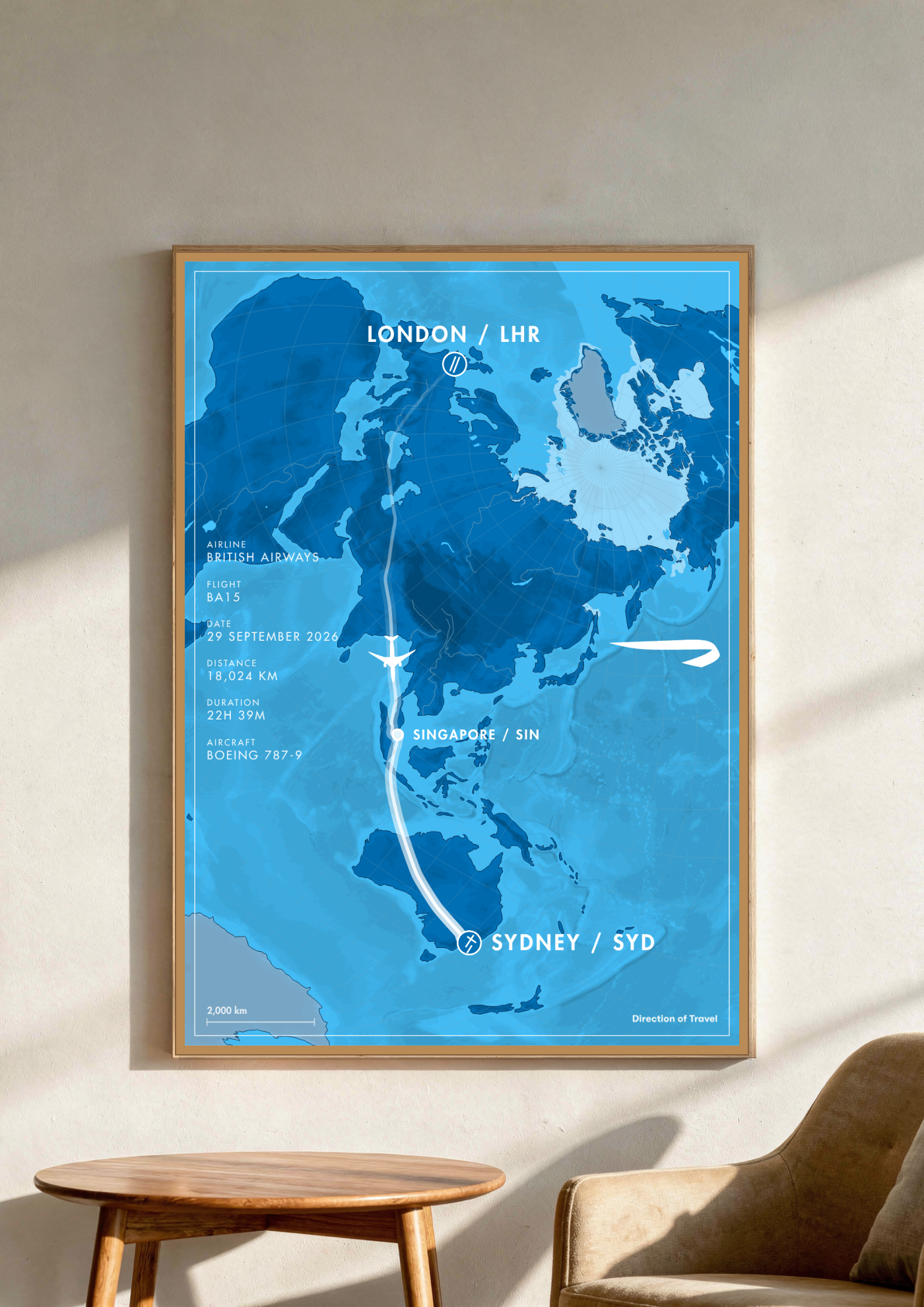 London to Sydney via SIN A2 poster in a wooden frame in a room (AI-generated)