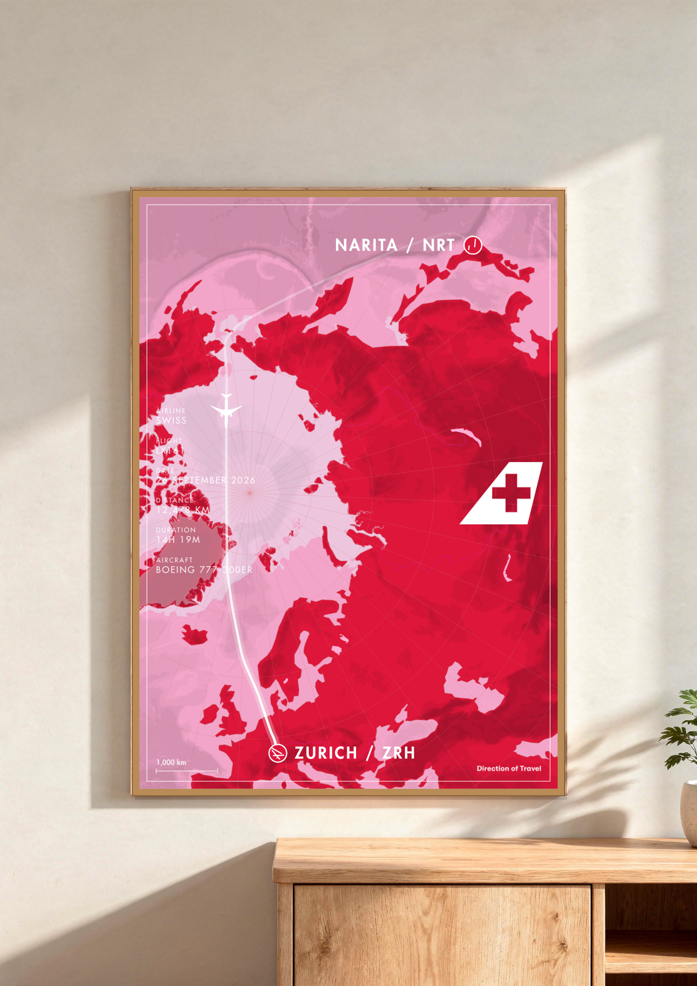 Narita to Zurich A2 poster in a wooden frame in a room (AI-generated)