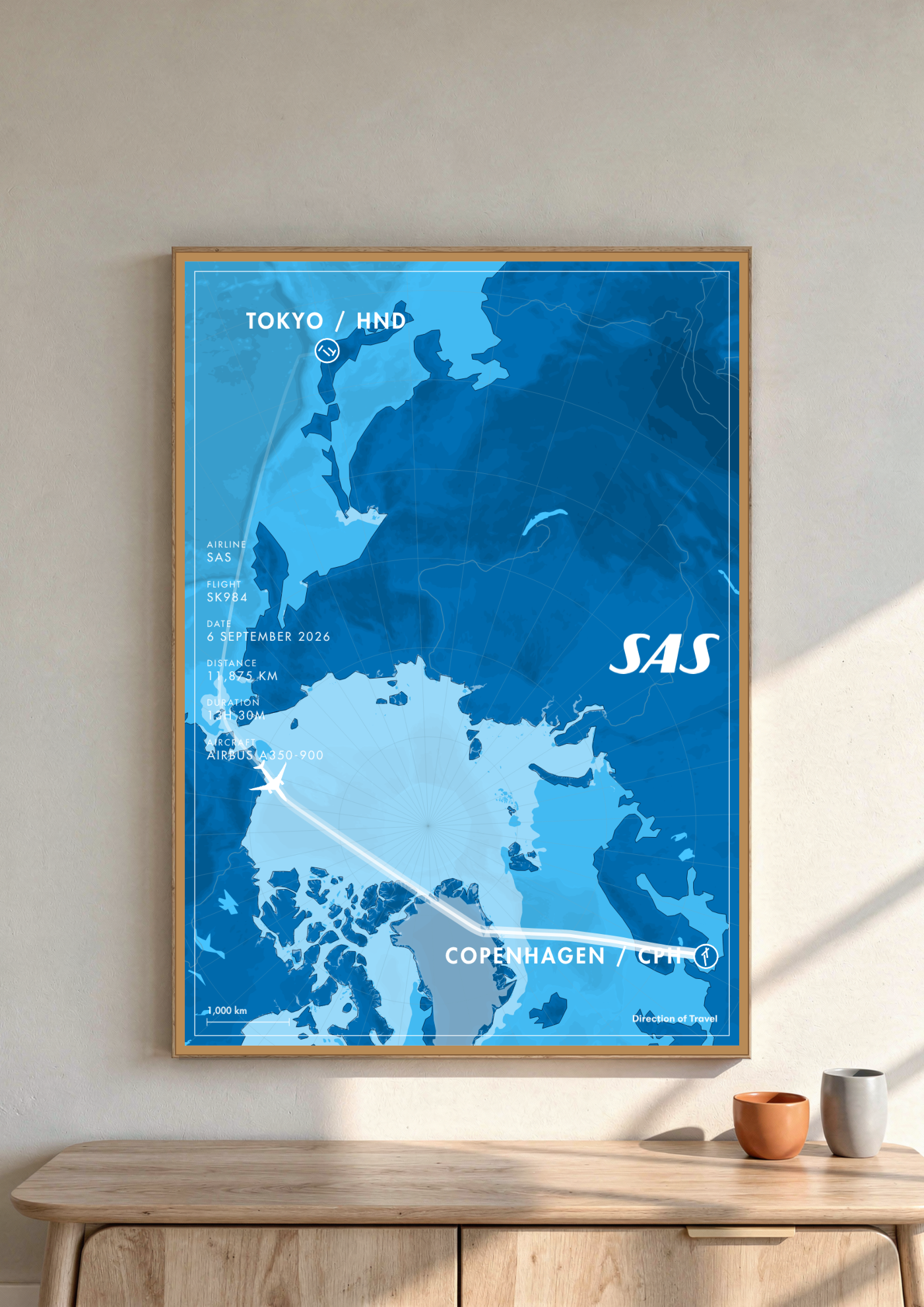 Tokyo to Copenhagen A2 poster in a wooden frame in a room (AI-generated)