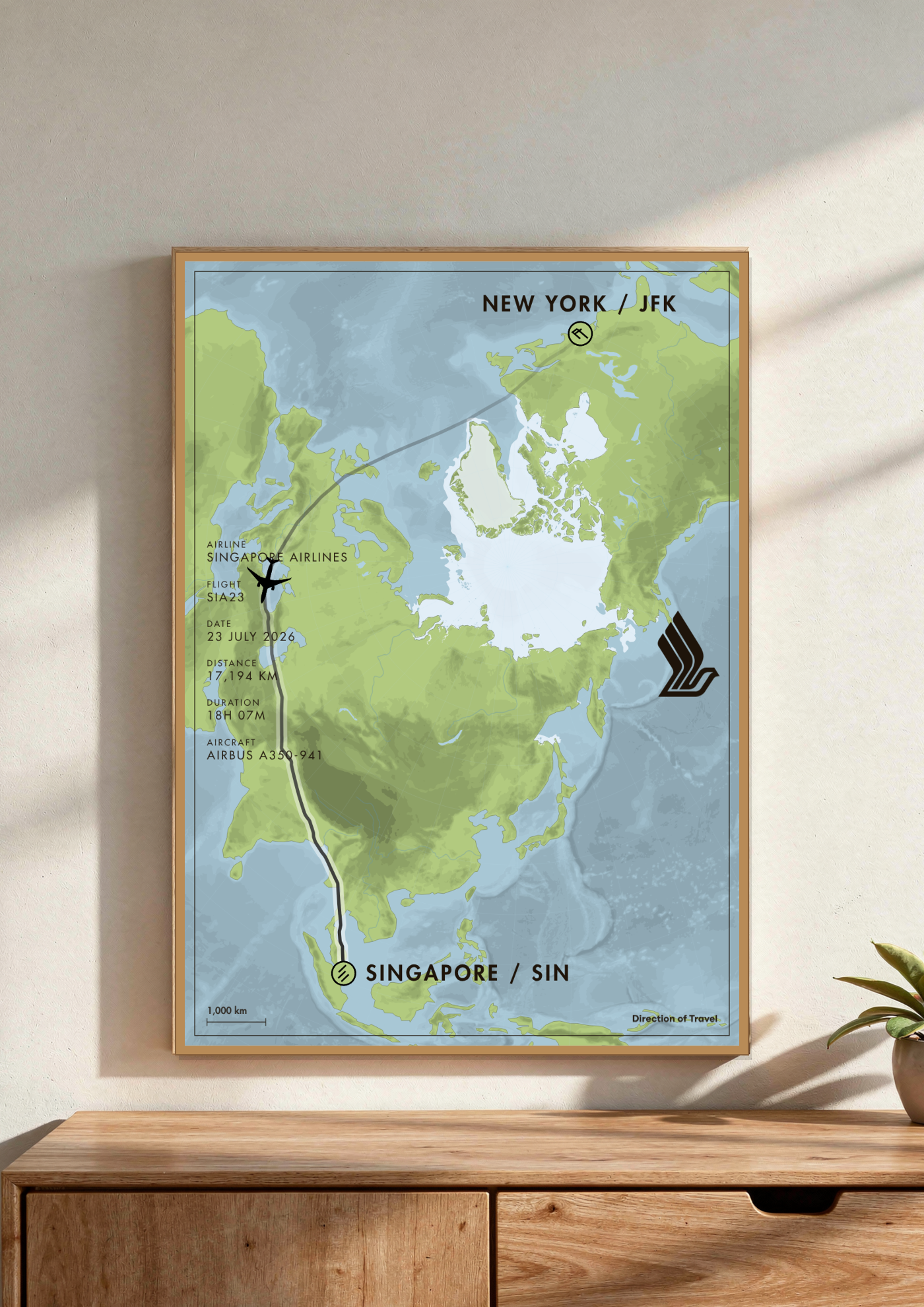 New York to Singapore A2 poster in a wooden frame in a room (AI-generated)