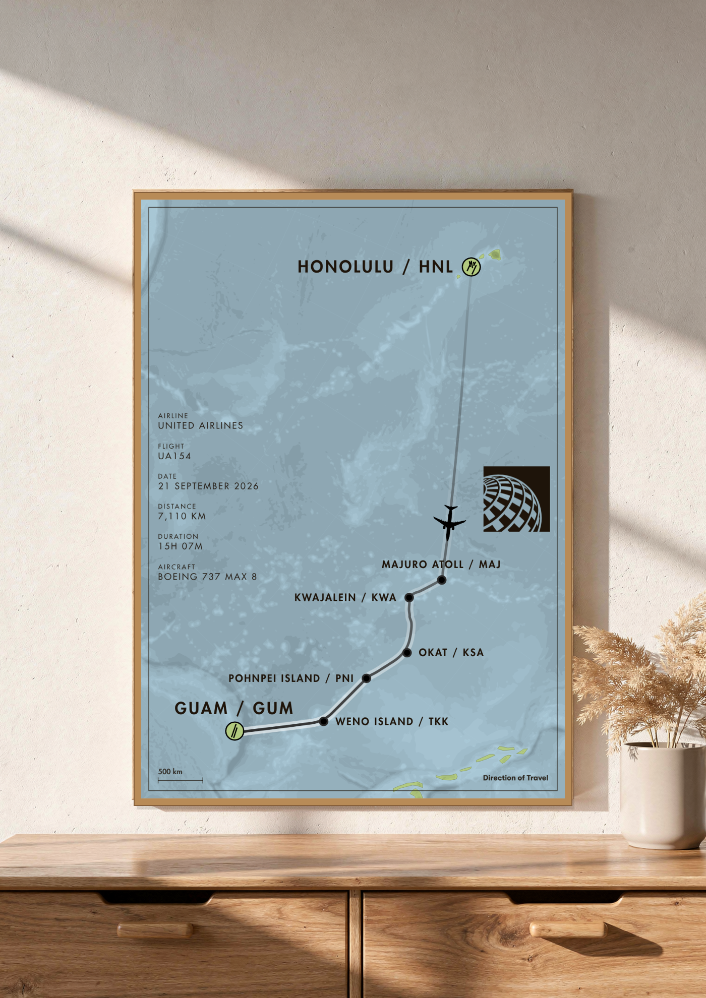 Honolulu to Guam (6 flights) A2 poster in a wooden frame in a room (AI-generated)