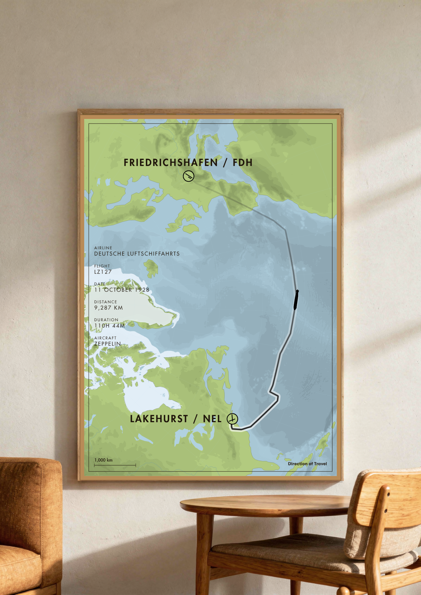 Friedrichshafen to Lakehurst A2 poster in a wooden frame in a room (AI-generated)