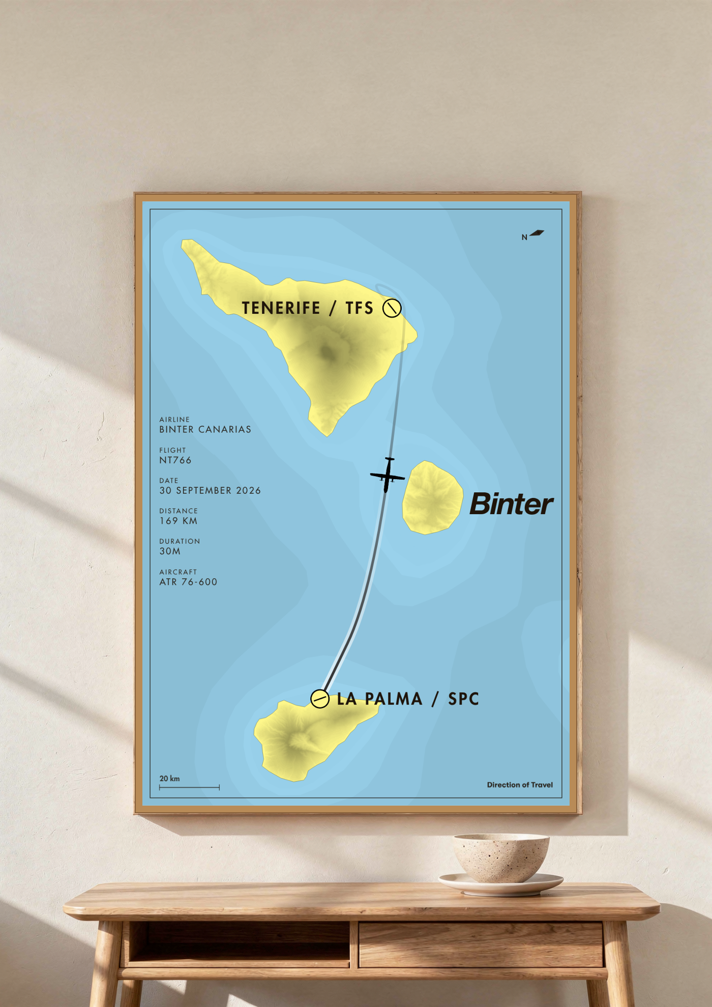 Tenerife to La Palma A2 poster in a wooden frame in a room (AI-generated)
