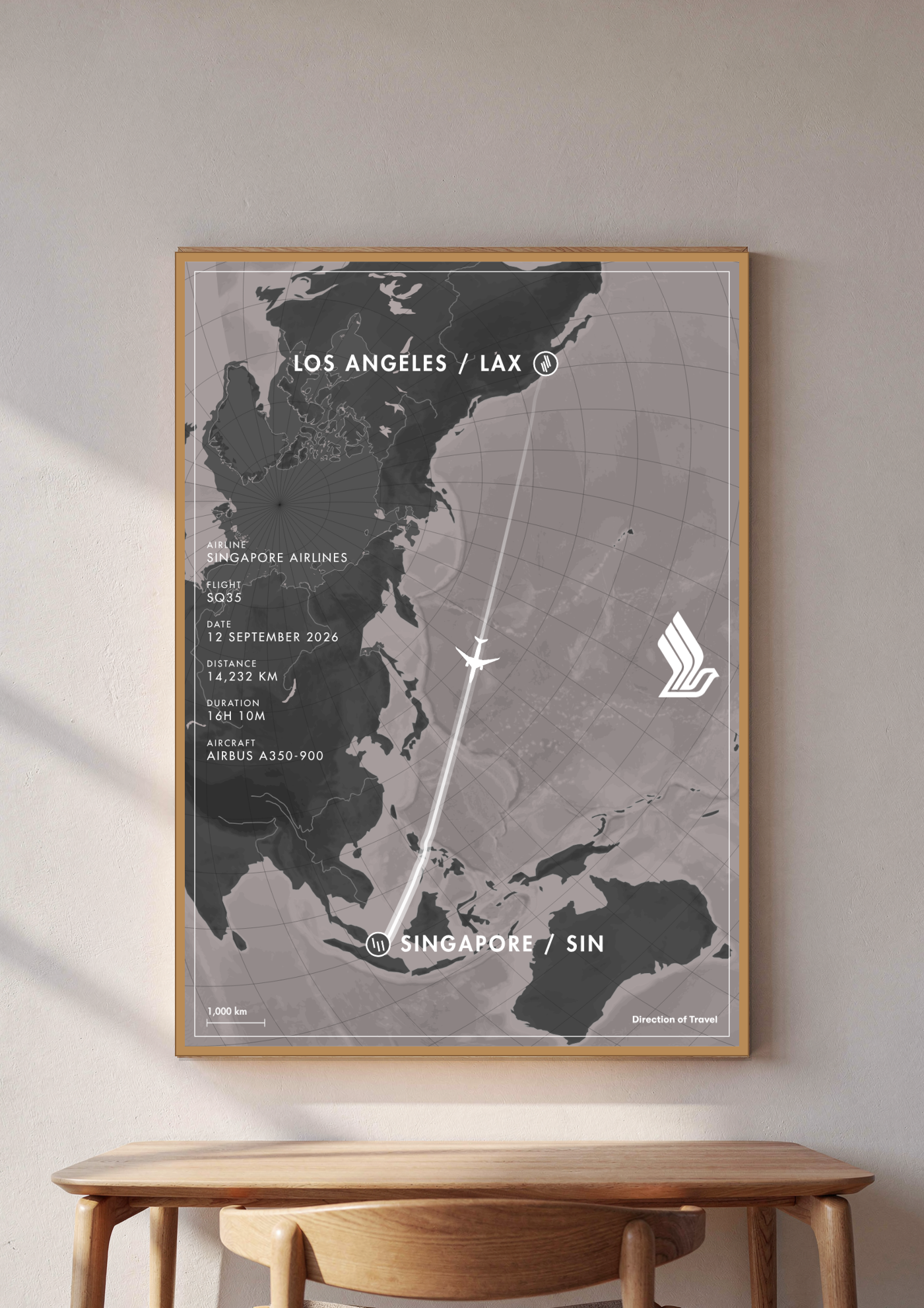 Los Angeles to Singapore A2 poster in a wooden frame in a room (AI-generated)