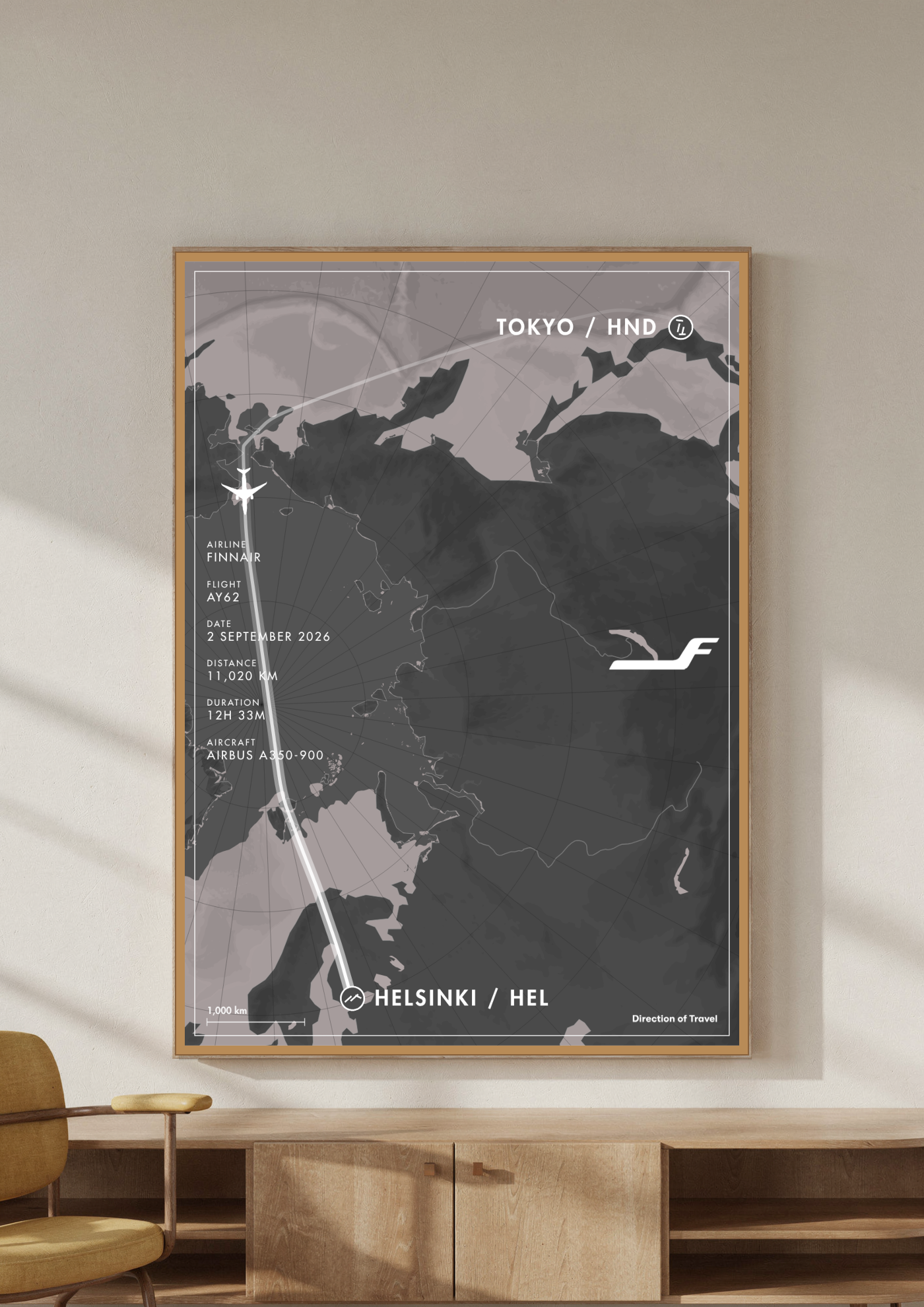 Tokyo to Helsinki A2 poster in a wooden frame in a room (AI-generated)