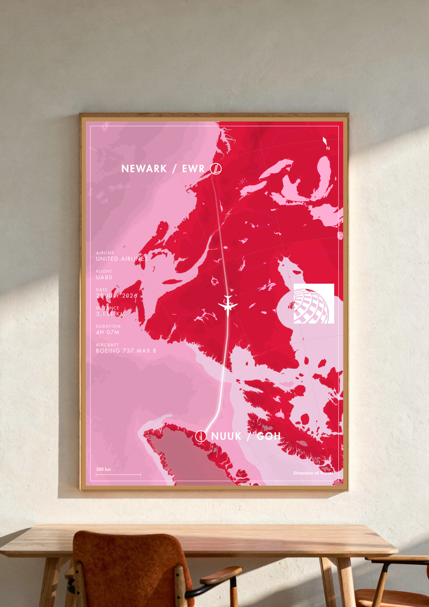 Newark to Nuuk A2 poster in a wooden frame in a room (AI-generated)