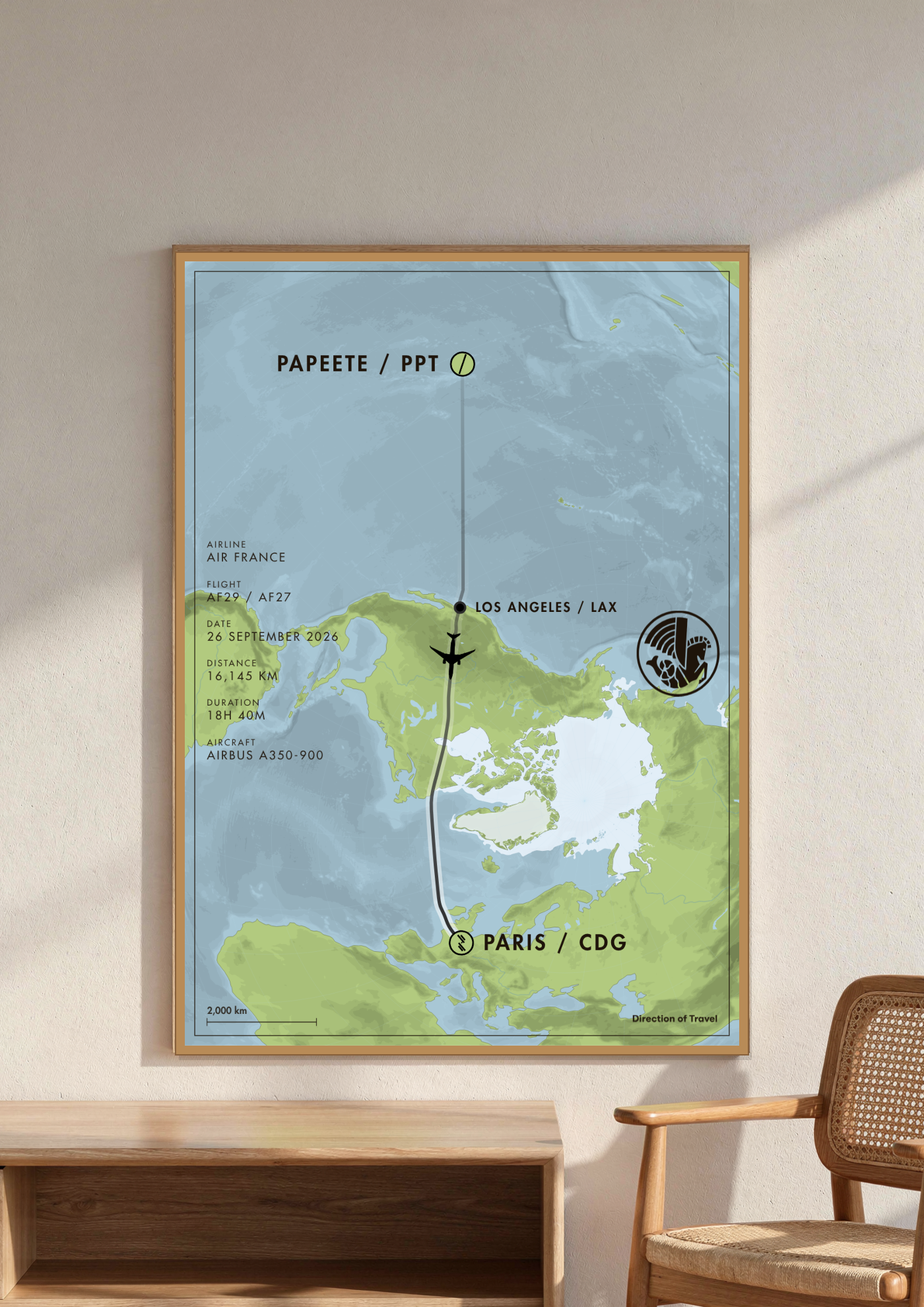 Papeete to Paris via LAX A2 poster in a wooden frame in a room (AI-generated)