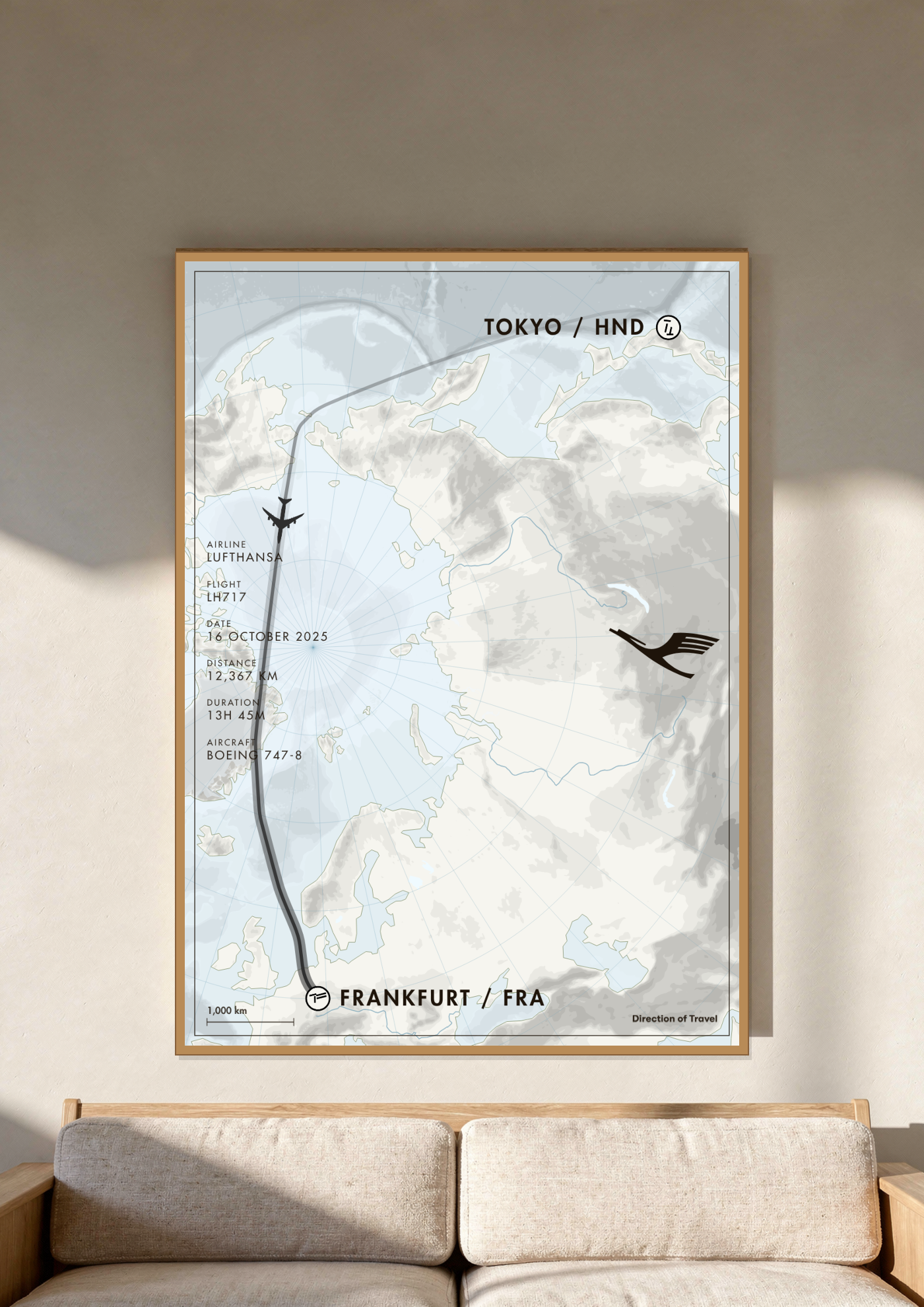 Tokyo to Frankfurt A2 poster in a wooden frame in a room (AI-generated)