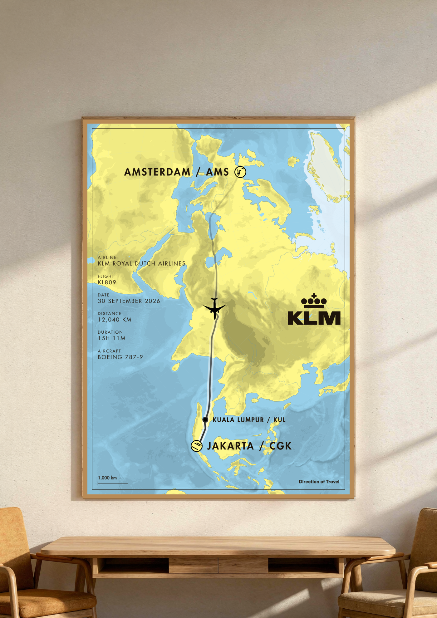 Amsterdam to Jakarta via KUL A2 poster in a wooden frame in a room (AI-generated)