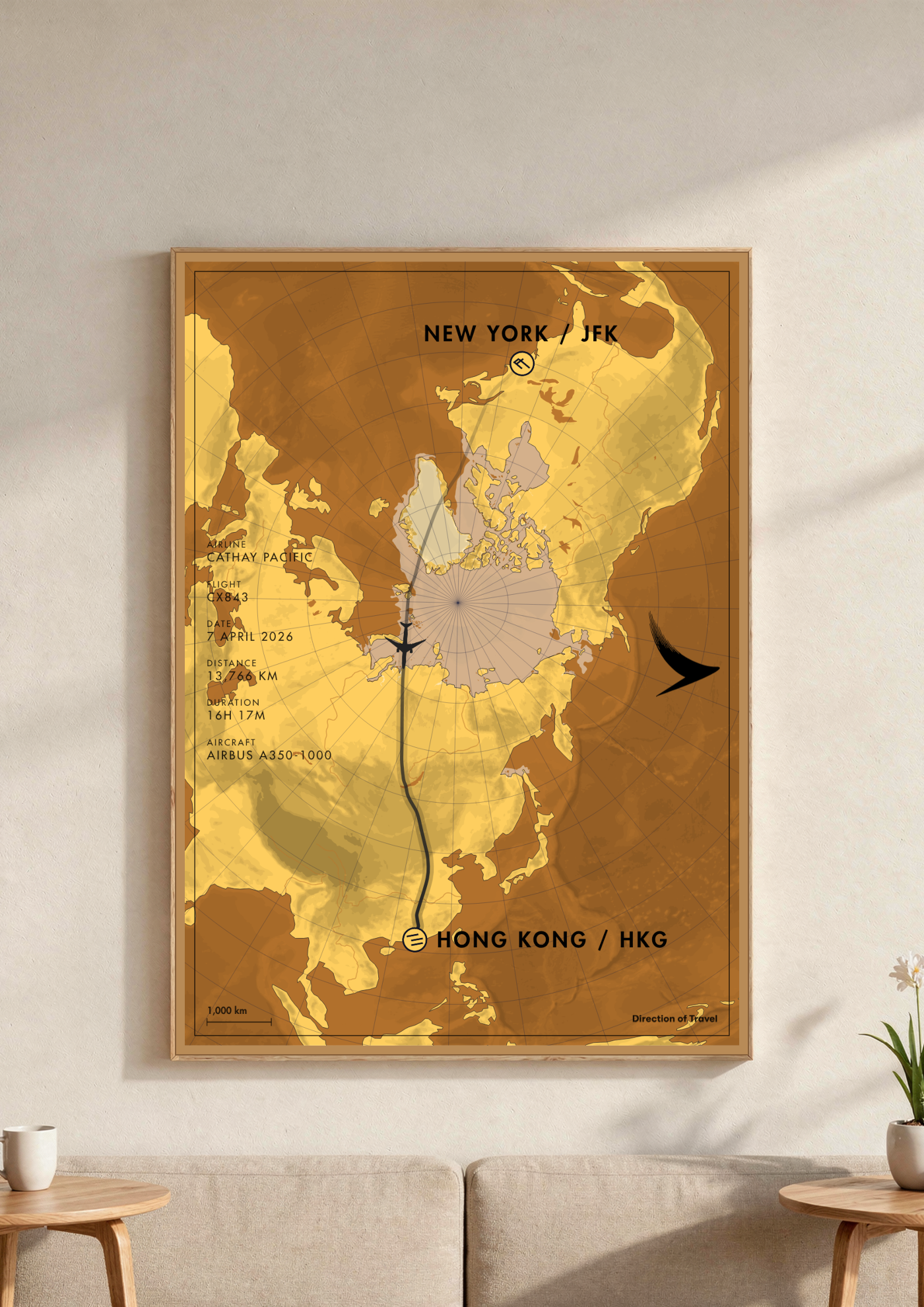 New York to Hong Kong A2 poster in a wooden frame in a room (AI-generated)