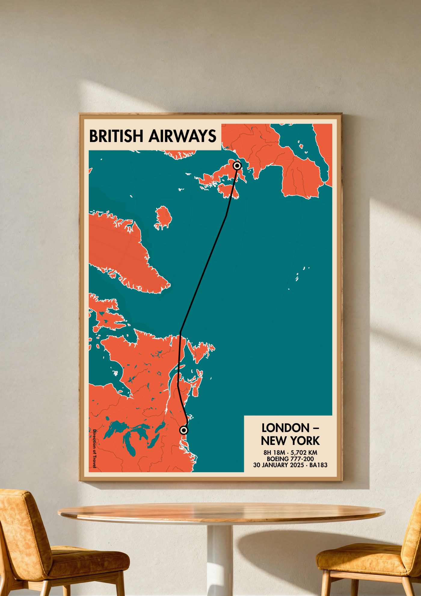 London to New York A2 poster in a wooden frame in a room (AI-generated)