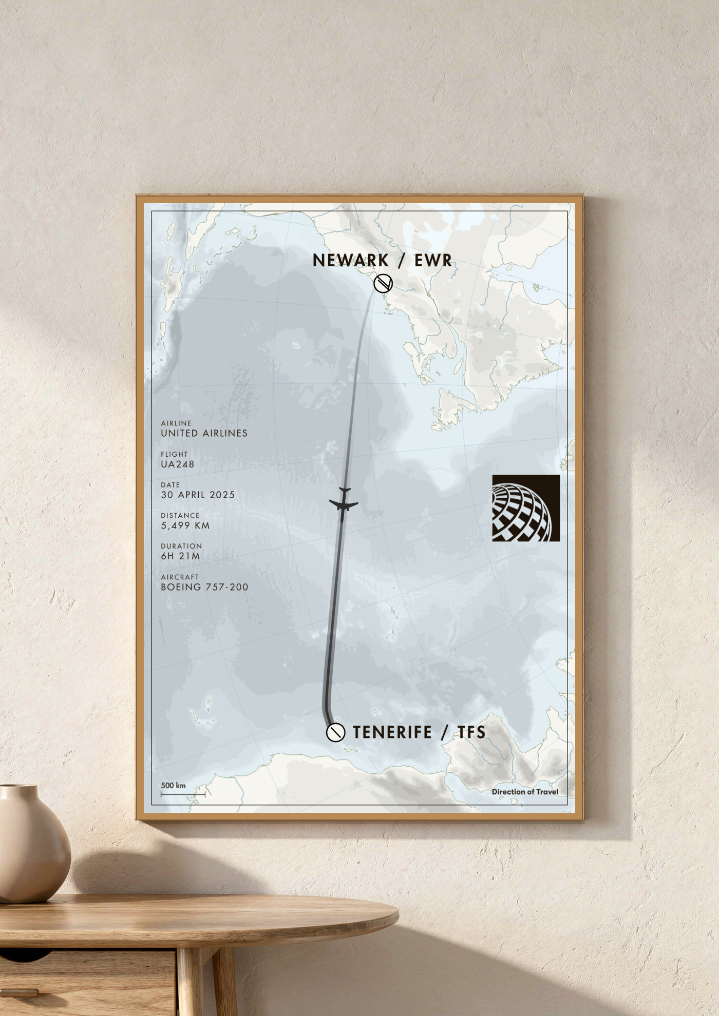 Newark to Tenerife A2 poster in a wooden frame in a room (AI-generated)