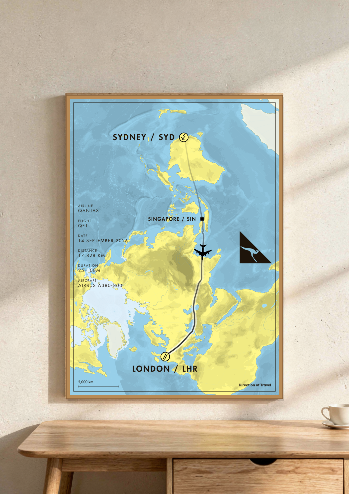 Sydney to London via SIN A2 poster in a wooden frame in a room (AI-generated)