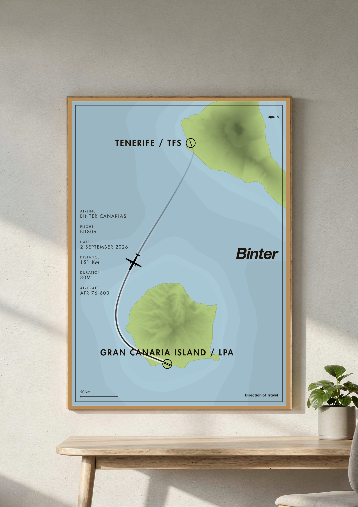 Tenerife to Gran Canaria Island A2 poster in a wooden frame in a room (AI-generated)