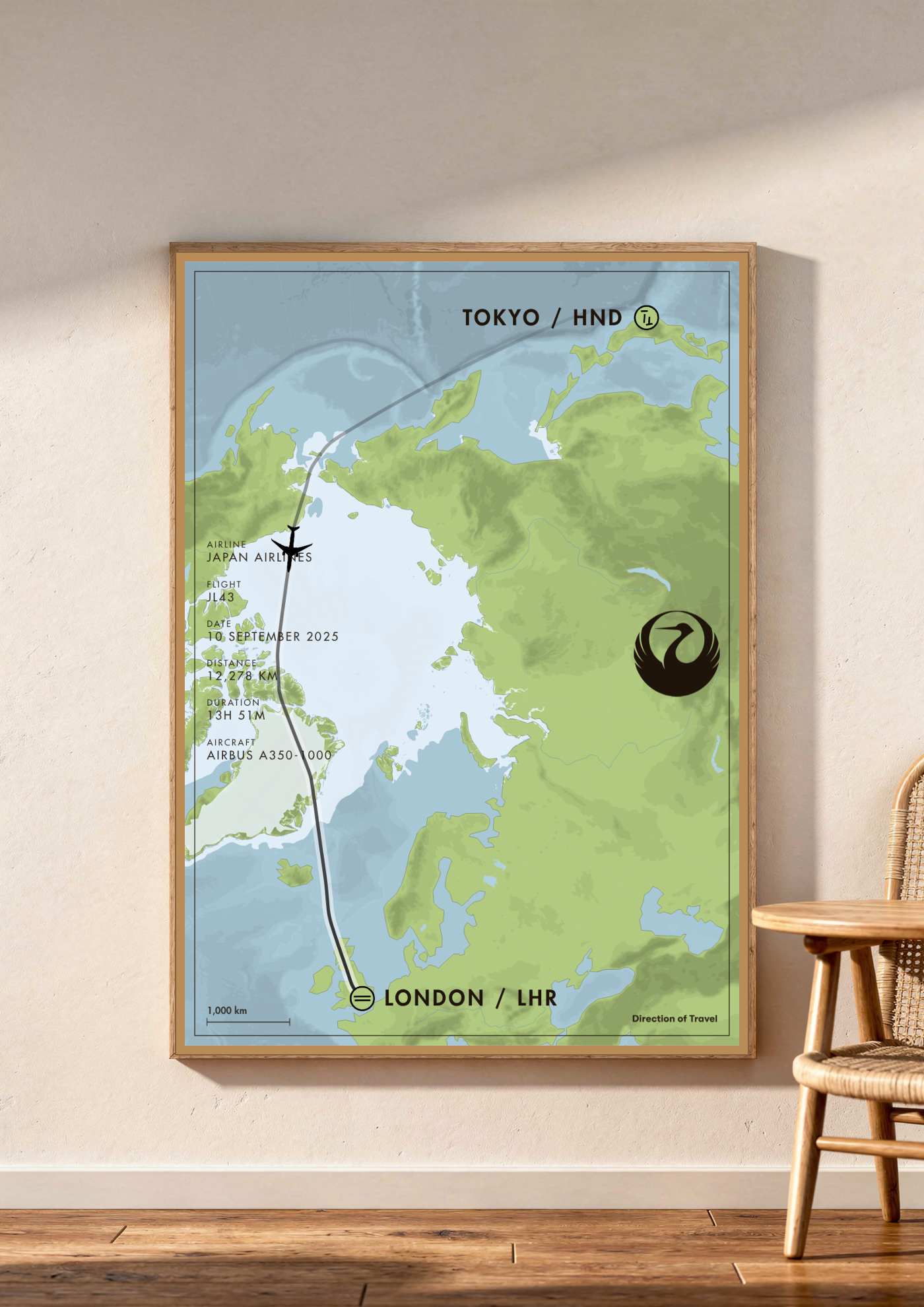 Tokyo to London A2 poster in a wooden frame in a room (AI-generated)