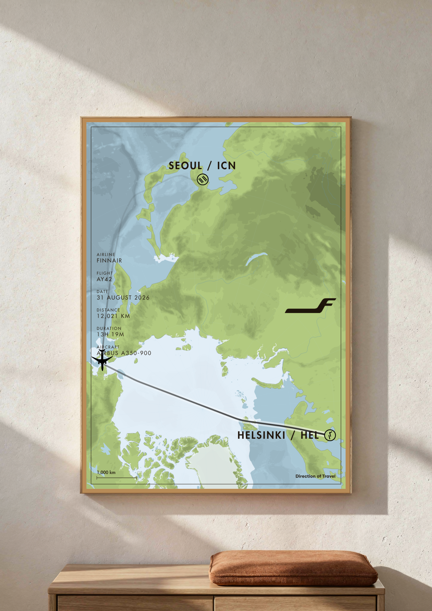 Seoul to Helsinki A2 poster in a wooden frame in a room (AI-generated)