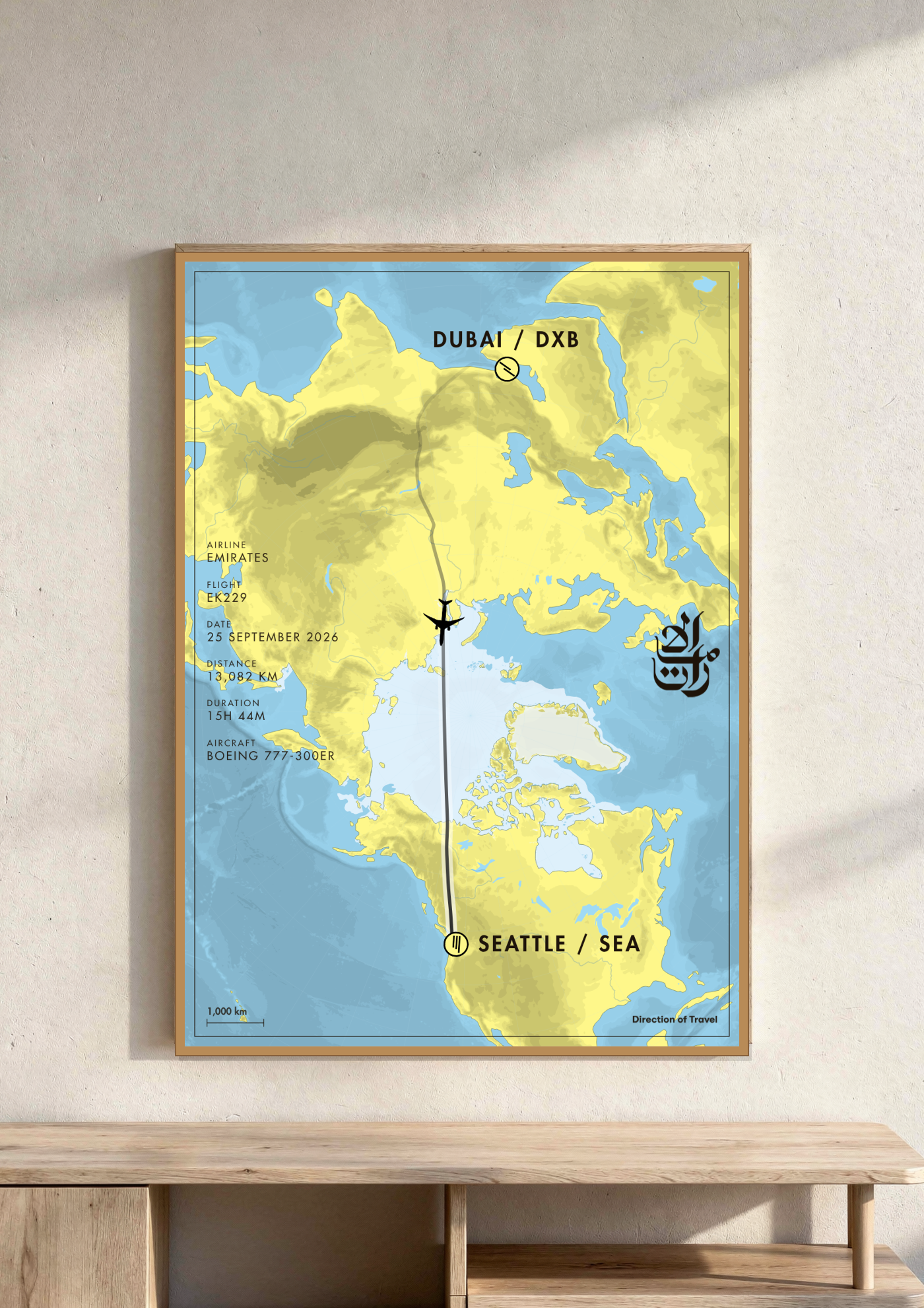 Dubai to Seattle A2 poster in a wooden frame in a room (AI-generated)