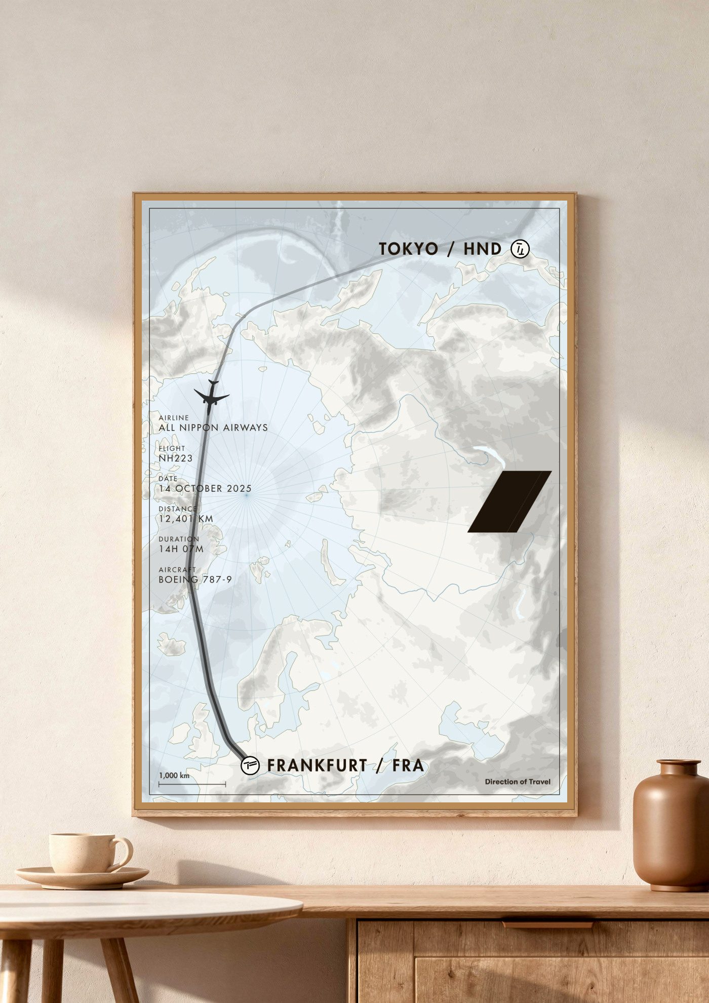 Tokyo to Frankfurt A2 poster in a wooden frame in a room (AI-generated)