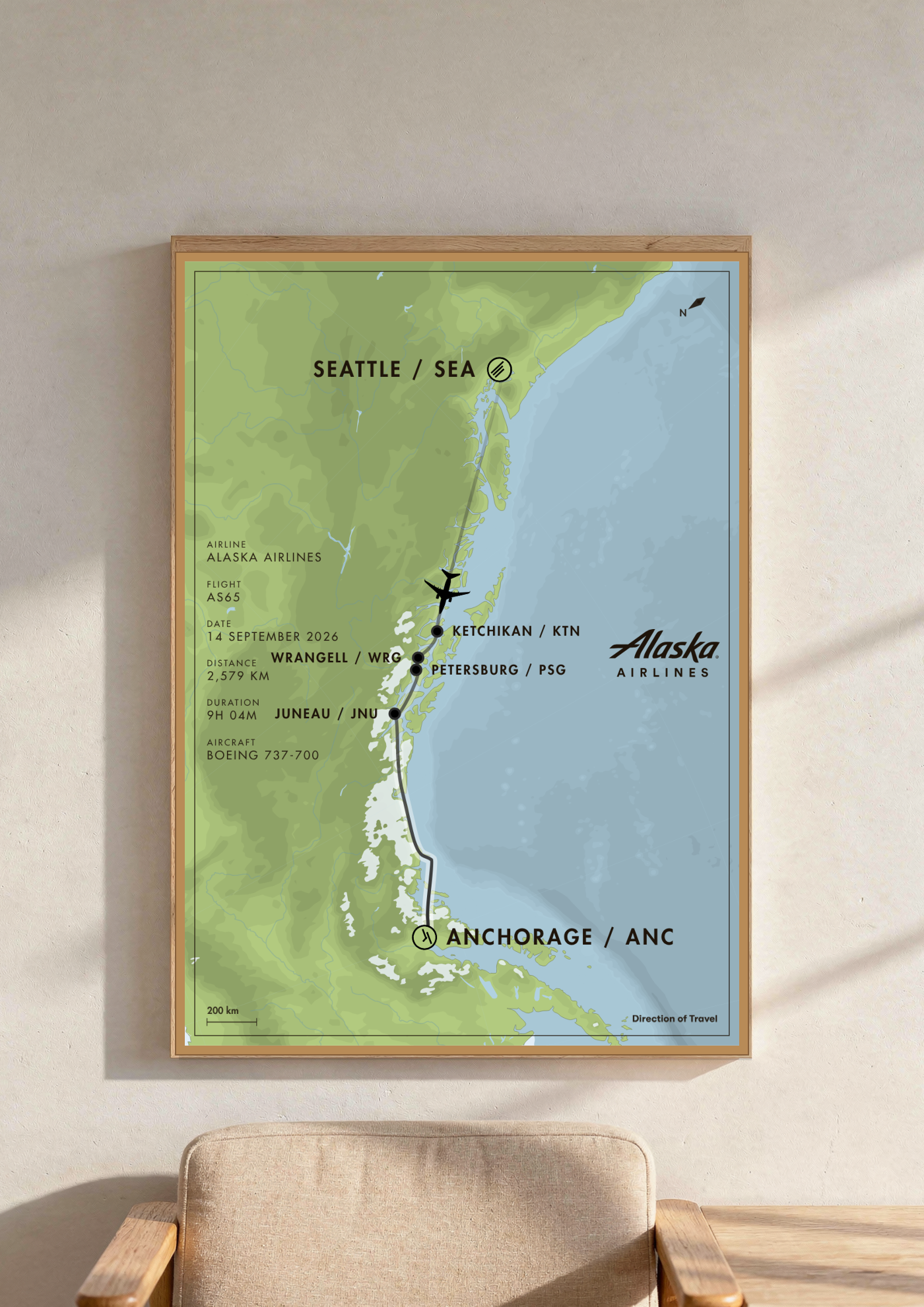Seattle to Anchorage (5 flights) A2 poster in a wooden frame in a room (AI-generated)