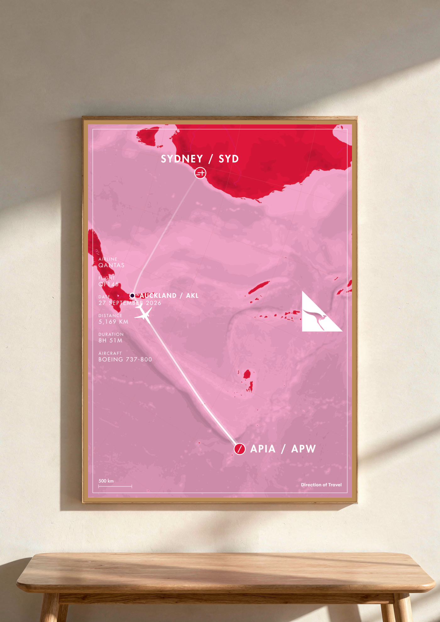 Sydney to Apia via AKL A2 poster in a wooden frame in a room (AI-generated)