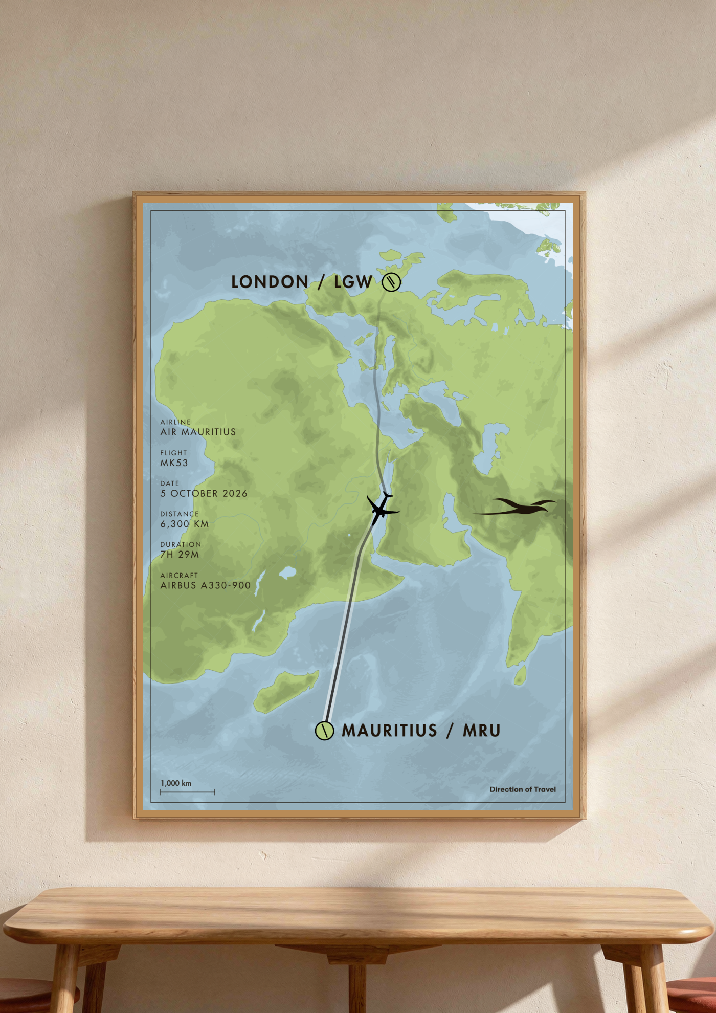 London to Mauritius A2 poster in a wooden frame in a room (AI-generated)