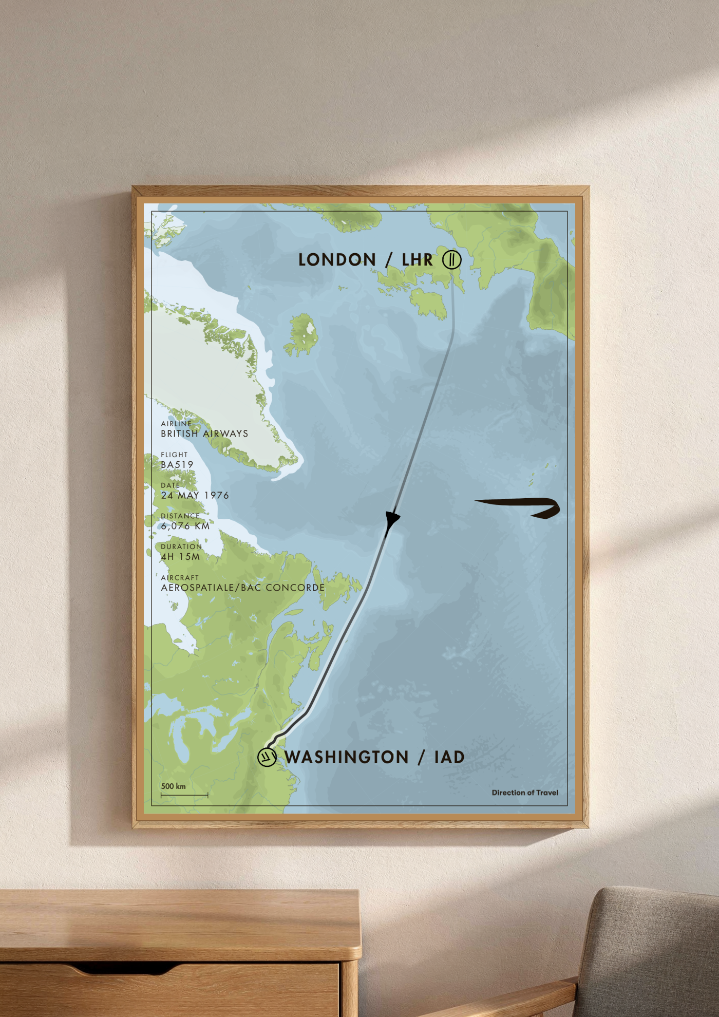 London to Washington A2 poster in a wooden frame in a room (AI-generated)