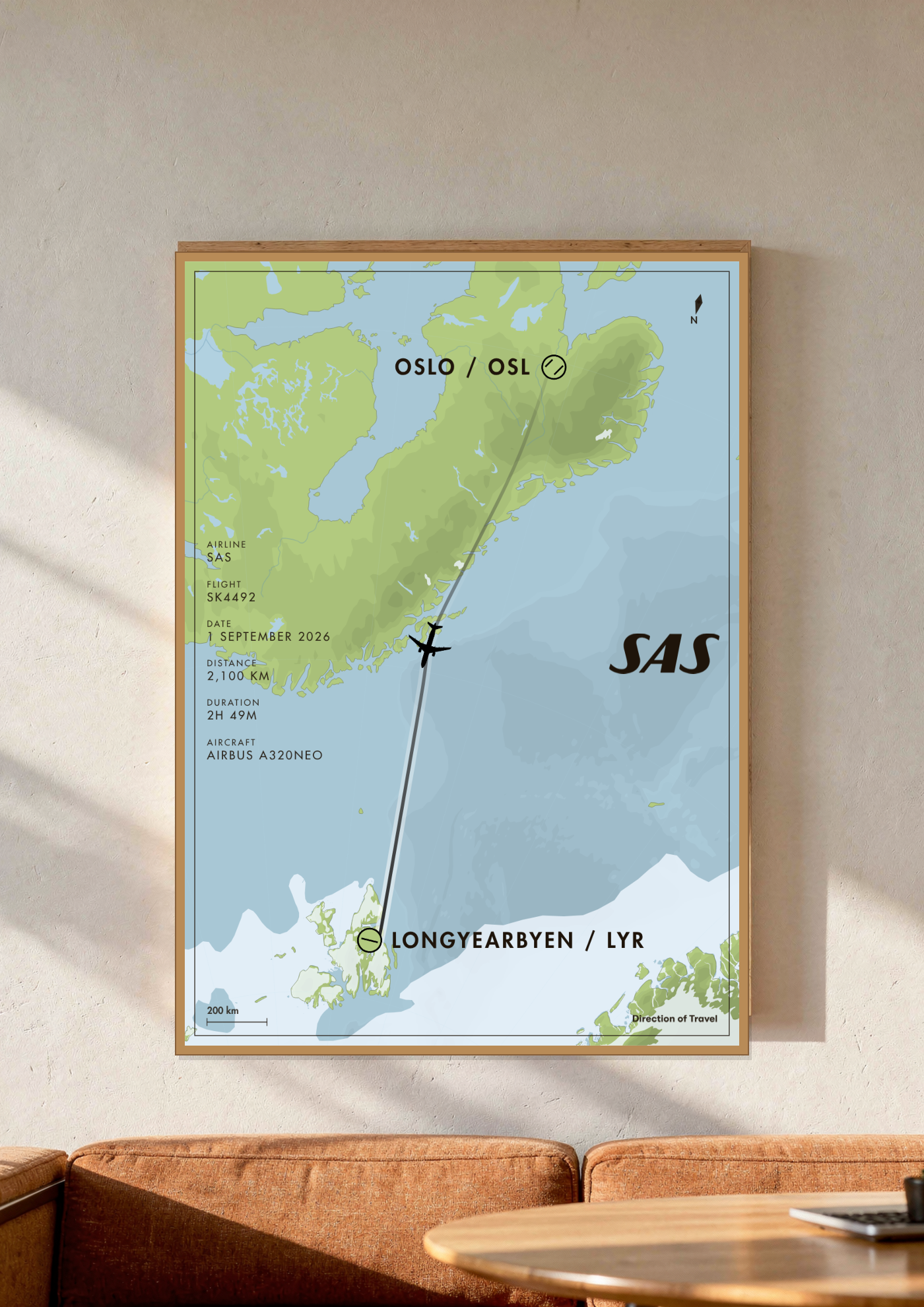 Oslo to Longyearbyen A2 poster in a wooden frame in a room (AI-generated)